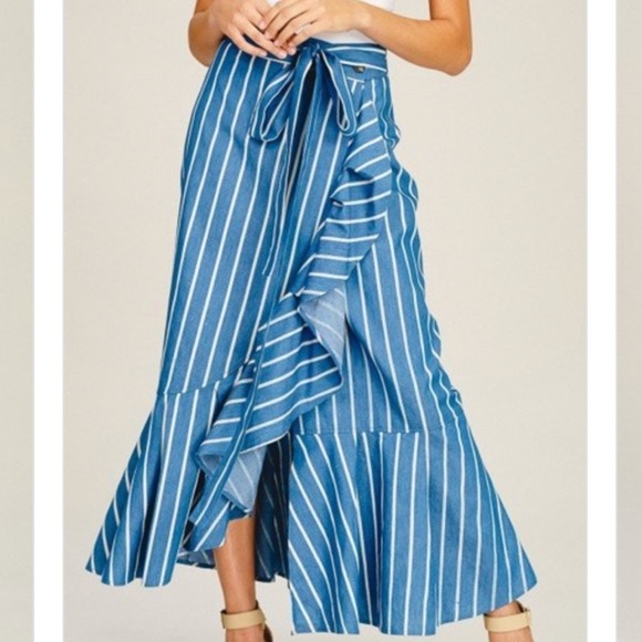 Ruffled Denim Wrap Striped Maxi Skirt - Picture 3 of 8